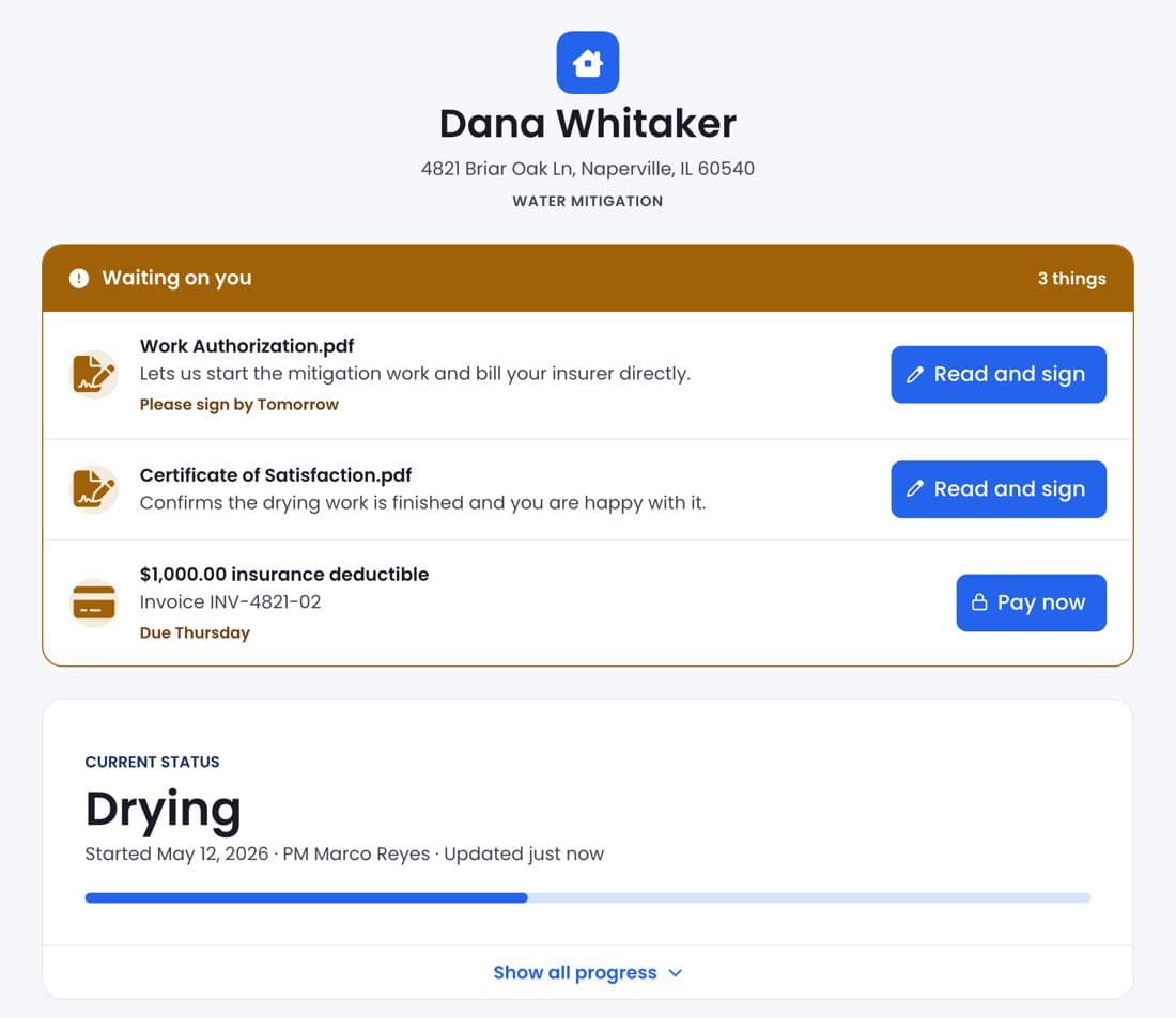 The homeowner's Customer Portal: what's waiting on them, and the job's live status