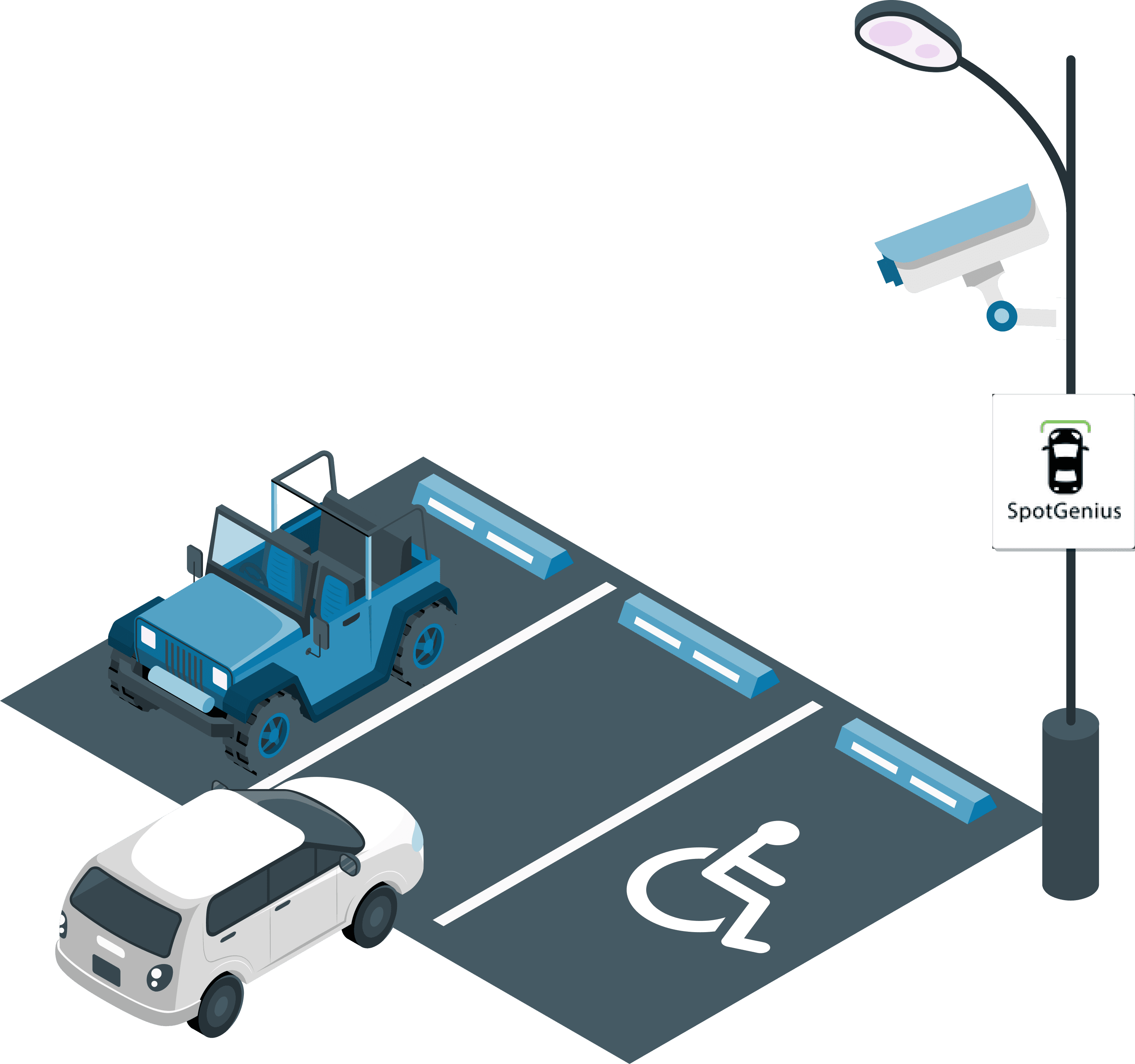 Illustration of a camera detecting cars in parking spots