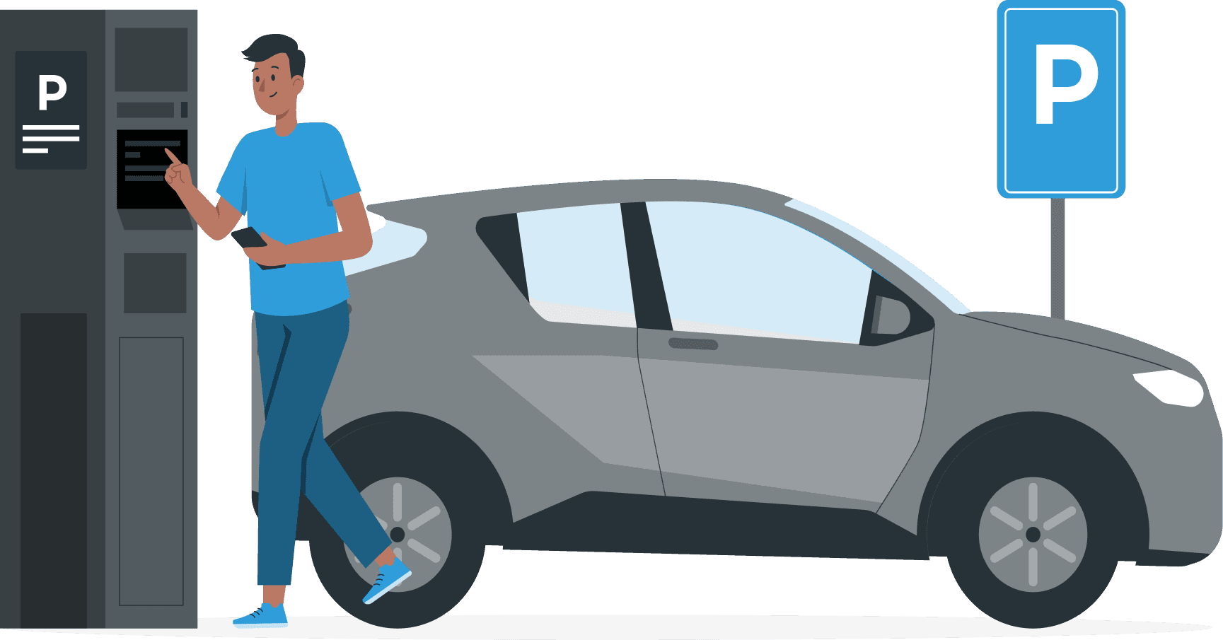 Illustration of a driver paying at a kiosk
